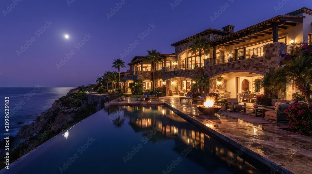 Obraz premium Coastal stone villa with infinity pool and fire pit at twilight