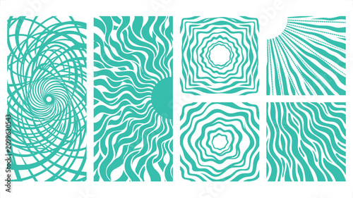 Abstract geometric patterns in teal on white background with sunburst and spiral designs for graphic elements