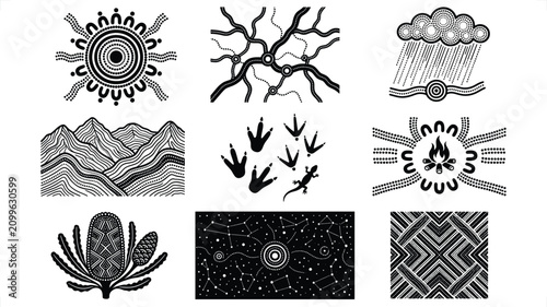 Foto Aboriginal art symbols including sun rain fire plant mountains and stars in blac