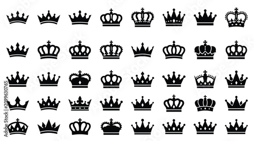 Fotografie Large set of 40 black crown silhouettes and icons on a white background