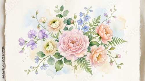 A watercolor painting of a bouquet of flowers, including roses, ranunculus, and other flowers, set against a watercolor background with splashes of color and a soft, painterly style.