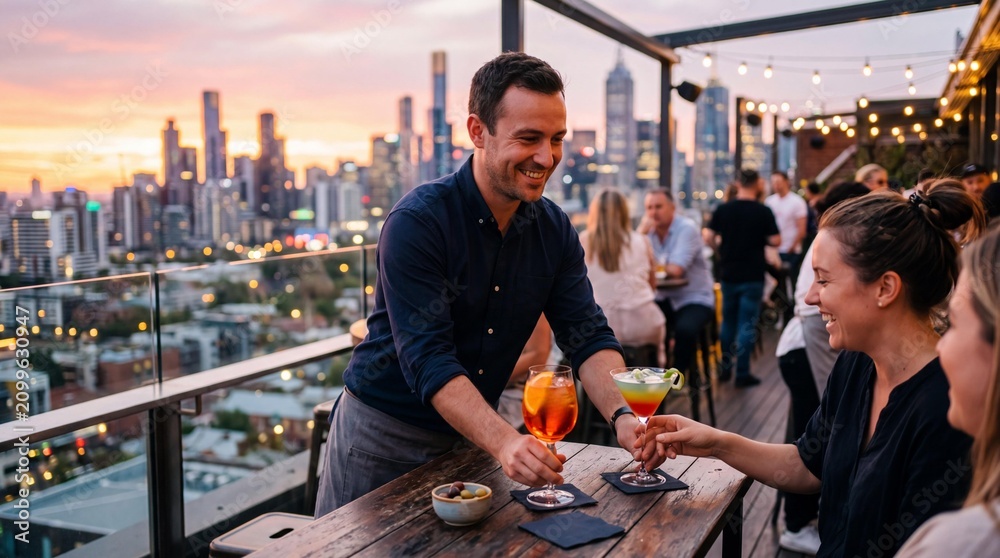 Fototapeta premium Friendly Waiter Serving Colorful Cocktails to Guests at Rooftop Bar Sunset