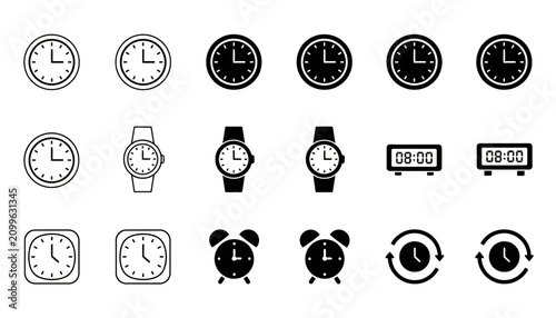 Fotografi Clocks and watches are displayed as a collection of simple icons for time tracking