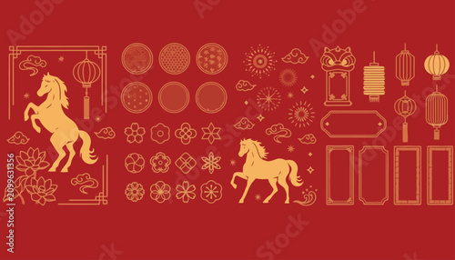 Obraz na plátně Horses and traditional symbols decorate this festive layout for the Lunar New Year celebration
