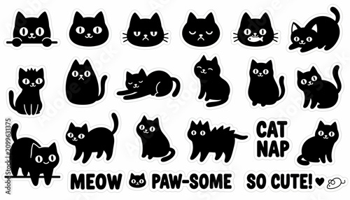 Bilde på lerret Cats in silhouette form appear in a collection of various playful poses and expressions on a white background