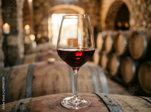 Glass of red wine in a rustic winery cellar with barrels.