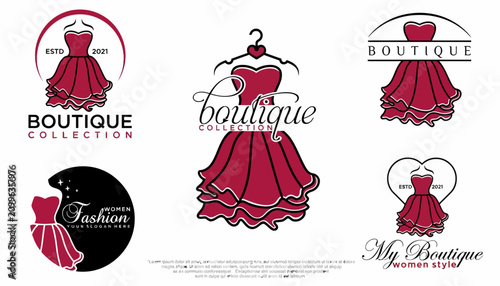 Foto Boutique dress logos feature various elegant formal gown illustrations suitable for branding high-end fashion retail businesses