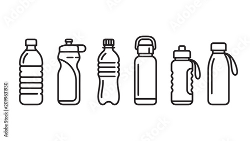 Beverage water bottle icon pack featuring various designs of hydration containers and reusable sport flasks beverage container hydration reusable accessory lifestyle refreshment minimalist