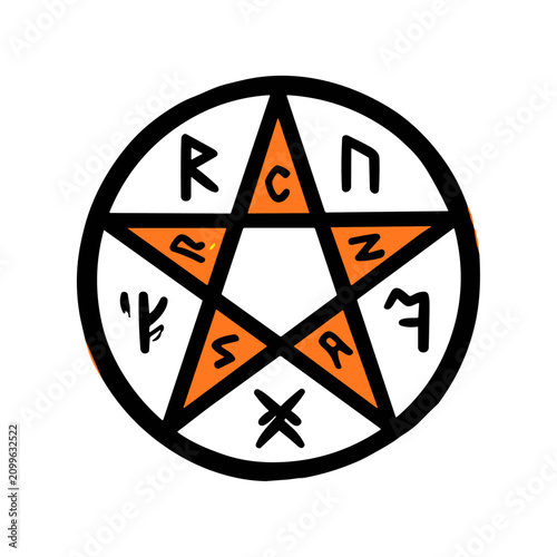 A circular pentagram symbol featuring orange star points and mysterious runic characters inside a black border.