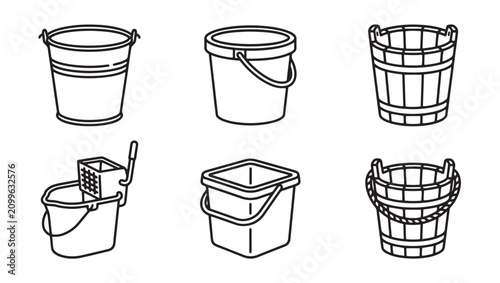 Assorted household cleaning and utility buckets set with cleaning container household equipment collection illustration maintenance industrial housework monochrome isolated supplies