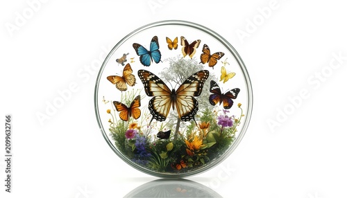 Transparent Circular Digital Coin with Miniature Wildlife Ecosystem, Enclosing Colorful Butterflies, Wildflowers, and Trees in Crystal Layers for Sustainable Bio-Economy Concept