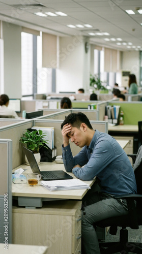 Stressful Office Worker Overwhelmed By Workload In Busy Modern Workspace