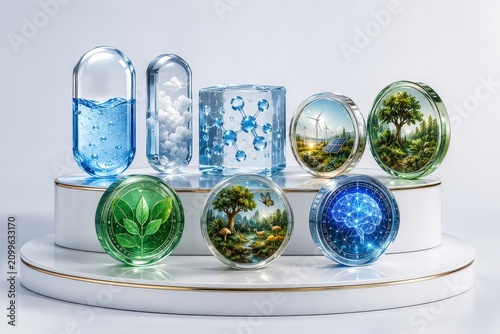 3D Glass Capsules and Spheres with Nature Landscapes and Ecosystems inside, Surreal Resin Art Elements on Display Podium