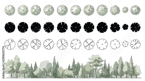 Photos Architectural tree symbols for landscape design, top view plan icons and side el