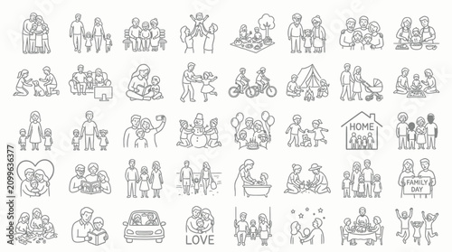Konstfotografi Collection of Hand-Drawn Line Art Illustrations Depicting Diverse Family Activities and Relationships