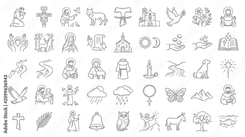 Fototapeta premium Collection of Religious and Spiritual Symbols and Icons in a Simple Line Art Style.