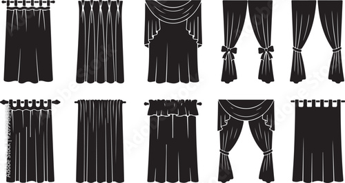 Obraz na plátně Set of black curtain icons and window drapes in various classic styles for inter