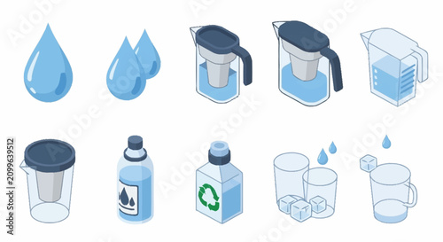 Canvastavla Collection of water bottles and droplets in flat design style.