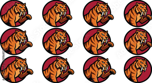 Foto Vector illustration set of twelve repeating saber-toothed tiger mascot logos featuring long white fangs and orange stripes inside dark red circular frames on a plain white background