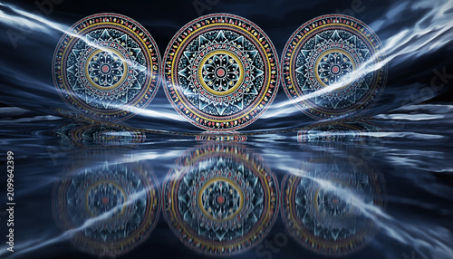 Three large, intricate circular patterns with vibrant colors are displayed against a dark background, with light streaks creating a dynamic, symmetrical visual effect.