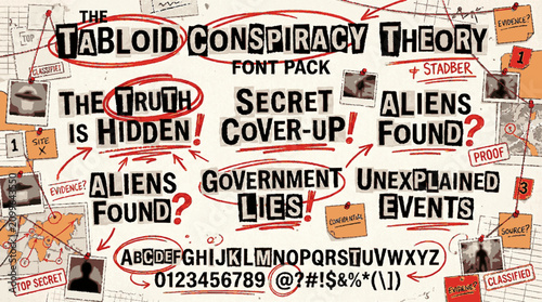 Tabloid conspiracy theory font pack featuring mismatched cut out letters and handwritten red marker annotations on a paper background