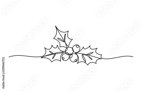 Continuous single line drawing of a christmas holly branch with leaves and berries