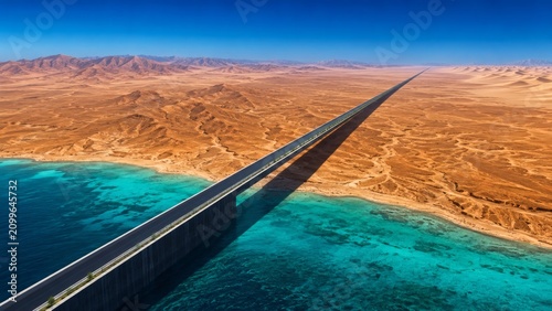 Futuristic Cityscape of the Future: A stunning aerial view of a linear city, appearing as a single, elongated structure stretching across a desert landscape beside a vibrant blue sea, under a clear.
