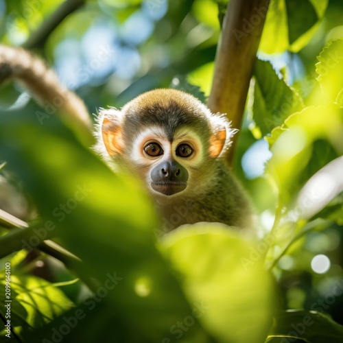 Small monkey moving swiftly through dense green rainforest foliage, blurred background.