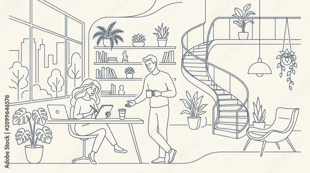 Obraz premium A man and a woman sitting at a table in a modern, stylish office with a spiral staircase and plants in the background.