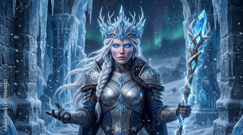 A powerful frost sorceress with icy blue glowing eyes, crystal crown sculpted from frozen branches, elegant silver armor, clean fantasy portrait