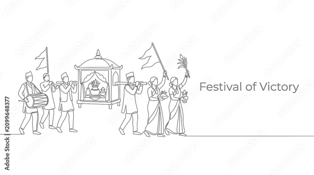 Obraz premium Line art illustration of a traditional Indian festival procession with people carrying a palanquin.