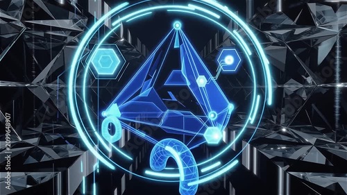 Hyper realistic 3D CGI seamless looping video of futuristic blue holographic HUD interface elements floating in dark space