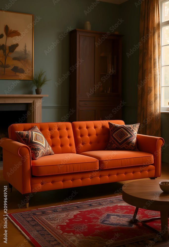 Obraz premium Orange tufted sofa with patterned pillows in a cozy living room with a fireplace and wooden cabinet, the room features a fireplace with a plant and artwork above it, a wooden cabinet