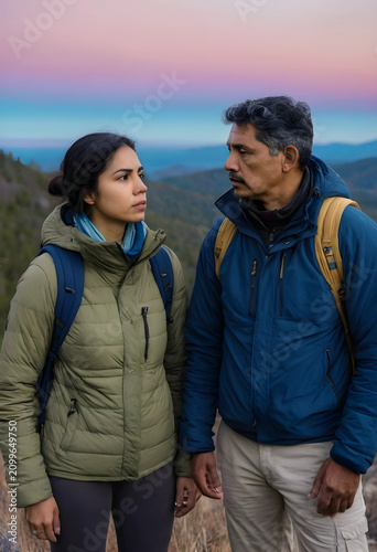 Adult couple hiking in moun...