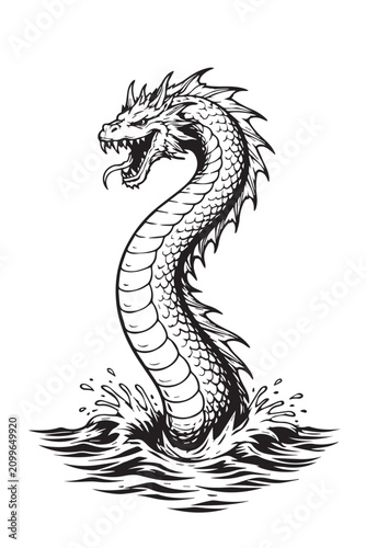 Fotografija Vintage hand drawn vector art of a legendary dragon bursting from ocean waves, showcasing powerful details, flowing water, and mythical fantasy energy