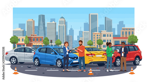Multi-car accident scene with people and city skyline in background
