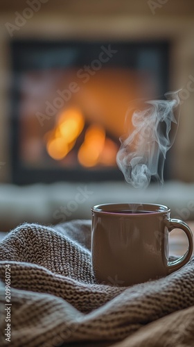 A steaming mug of a warm beverage rests on a cozy blanket, with a blurred fireplace glowing in the background. AI.