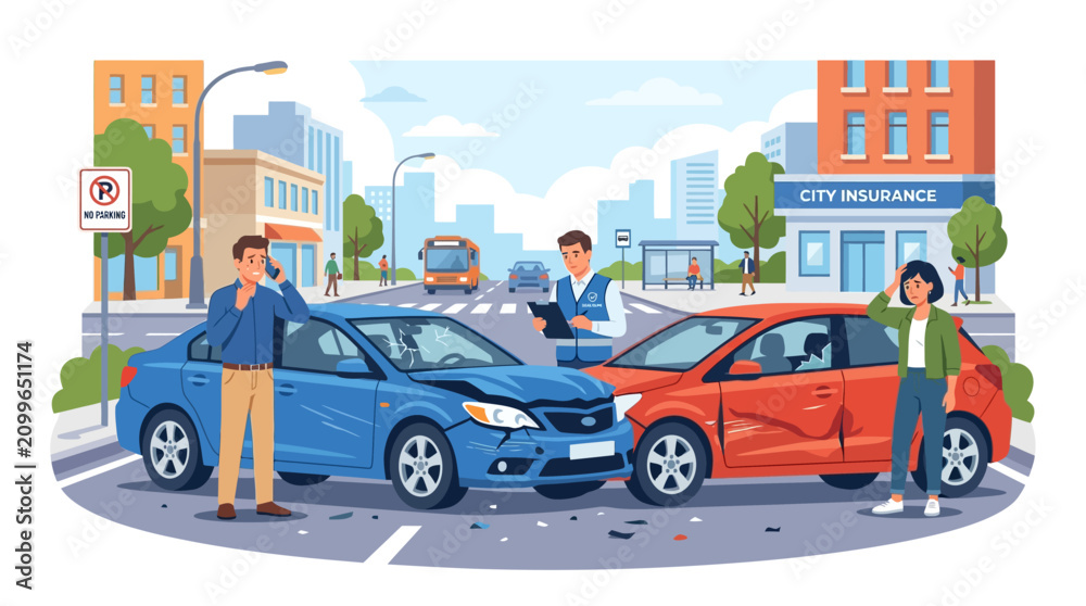 Naklejka premium Car Accident Scene with Insurance Agent and Drivers Discussing Collision Damage