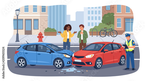 Car Accident Scene with Police Officer and Distressed Drivers