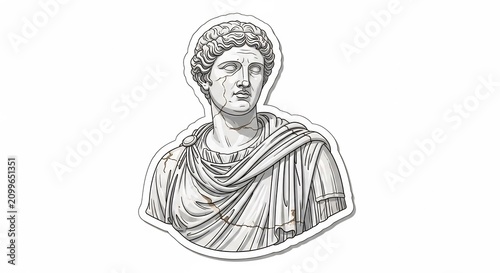 古代ローマ皇帝の胸像を手描きで写実的に表現したモノクロイラスト威厳と歴史を感じさせる描写. AI Generated