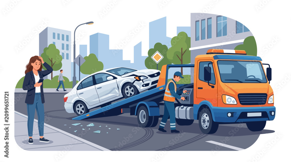 Fototapeta premium Car Accident Tow Truck Rescues Damaged Vehicle, Frustrated Woman