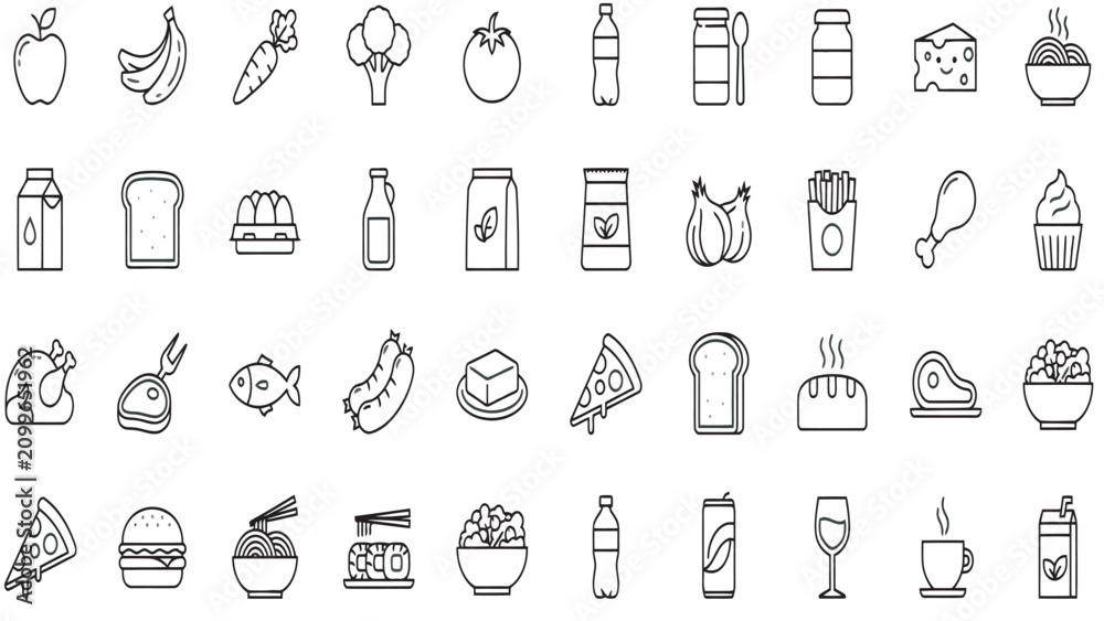 Naklejka premium Modern food and beverage outline icon set for restaurant menus and digital culinary projects