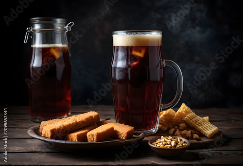 Dark beer in a glass mug wi...