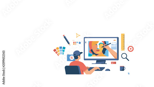 Digital artist creating abstract portrait illustration on computer with stylus pen tool