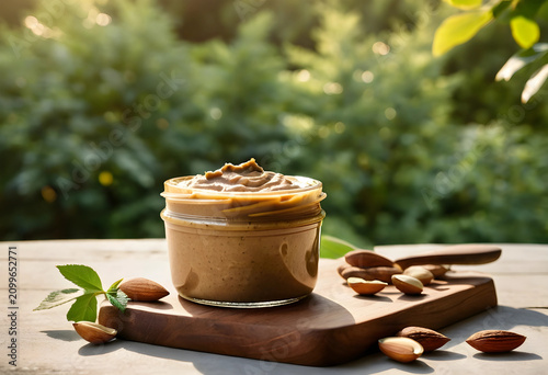 Creamy almond butter in a g...