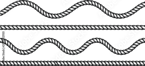 Nautical rope border set with wavy and straight cord lines, black and white marine twine vector illustration, decorative sailing cable frames