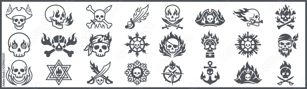 Fototapeta premium Vector. Skull. Pirate. Flame. Symbol. Icon. Design. Emblem.