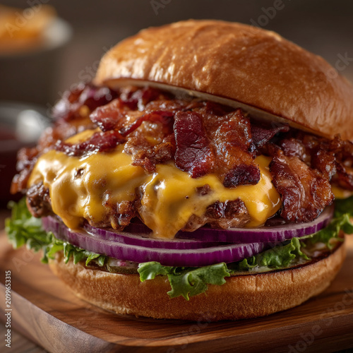 Gourmet bacon cheeseburger with red onion and lettuce on wooden board cheeseburger delicious