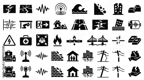 Cuadro en lienzo Large collection of black and white earthquake and natural disaster icons including seismic waves, cracked roads, collapsing buildings, emergency kits, tsunami, and evacuation signs