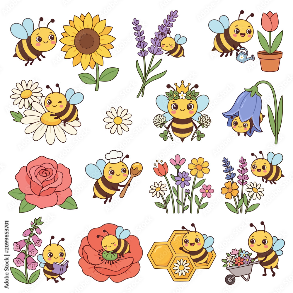 Fototapeta premium Bees and flowers illustration set.